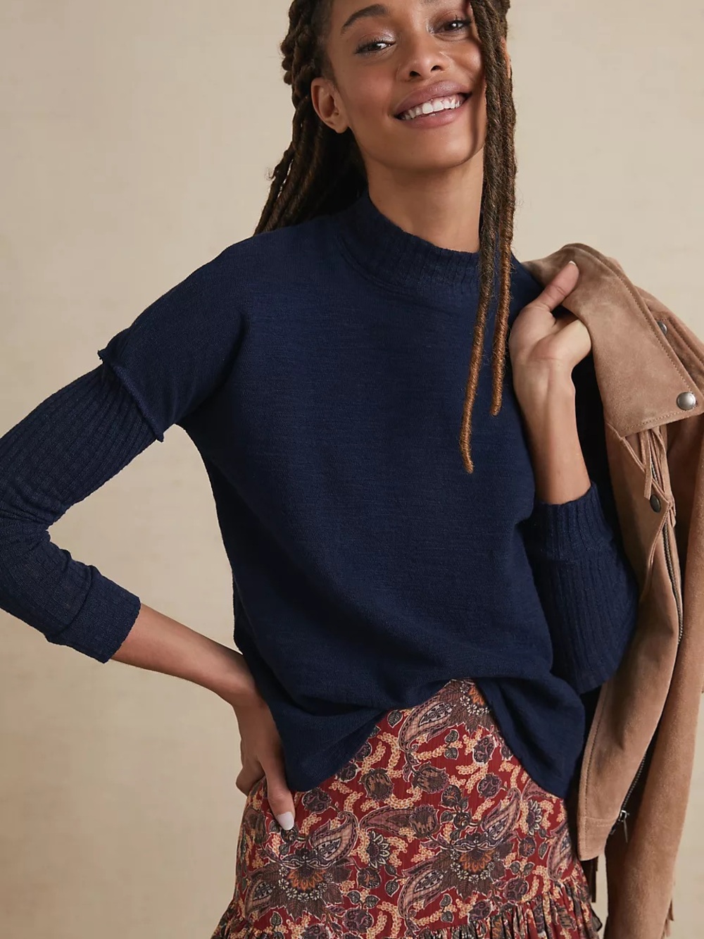 Anthropologie Navy Mixed knit mock neck Sweater